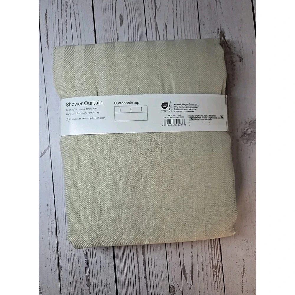 Room Essentials Shower Curtain Buttonhole Top - Tan Herringbone w/Stripes 72x72